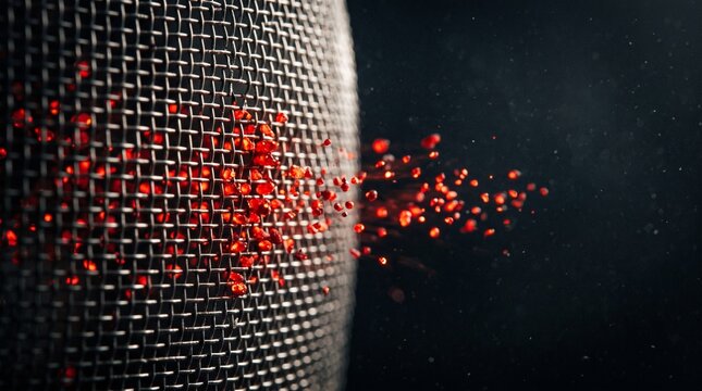 Glowing red particles passing through a metal mesh filter