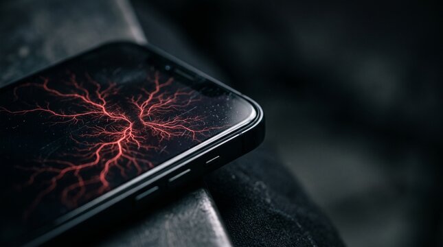 Smartphone with a glowing red virus pattern on the screen