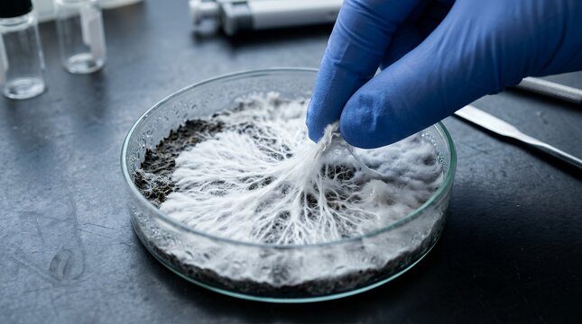 Scientist examining white fungal mycelium culture in a laboratory petri dish for research.