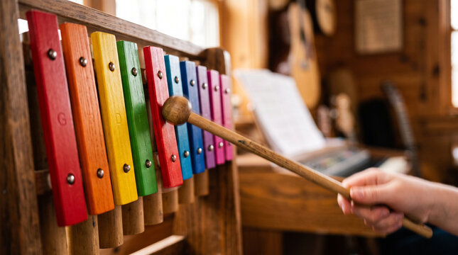Child's hand striking a colorful wooden xylophone with a wooden mallet