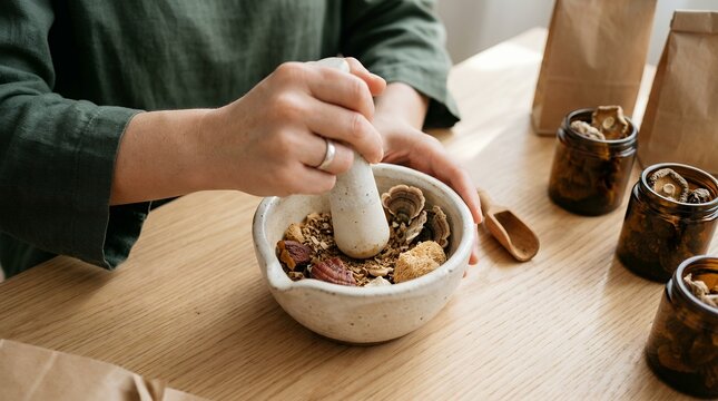 Person grinding dried medicinal mushrooms in a ceramic mortar for holistic health remedies.