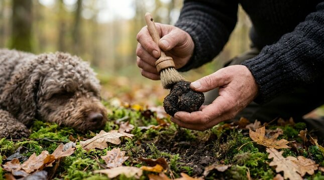Forager cleaning a fresh black truffle with a brush alongside a hunting dog in the forest.