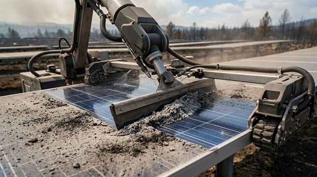 Automated robot cleaning ash from solar panels after wildfire disaster recovery maintenance.