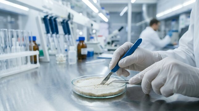 Scientist cutting lab grown mycelium sample with a scalpel in a modern biotechnology laboratory.