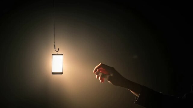 A hand reaches out towards a smartphone dangling precariously from a fishing hook. ..Created with Generative AI, not depicting real subjects.