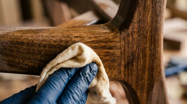 Craftsman applying protective wood oil to handmade walnut furniture joint with precision