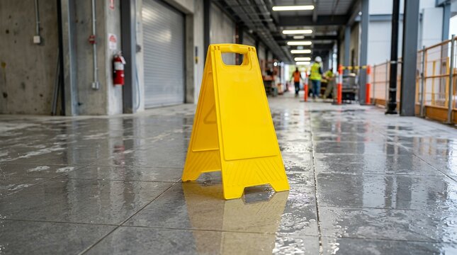 Yellow caution sign on wet slippery floor in industrial building corridor
