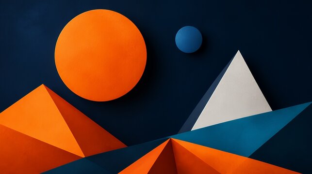 Abstract shapes orange circle blue pyramids on dark background