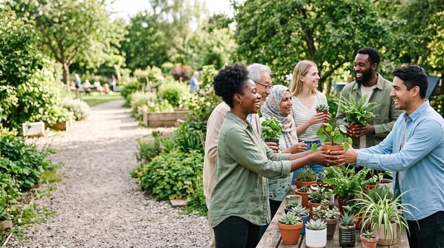 Community plant exchange event with diverse neighbors exchanging potted plants