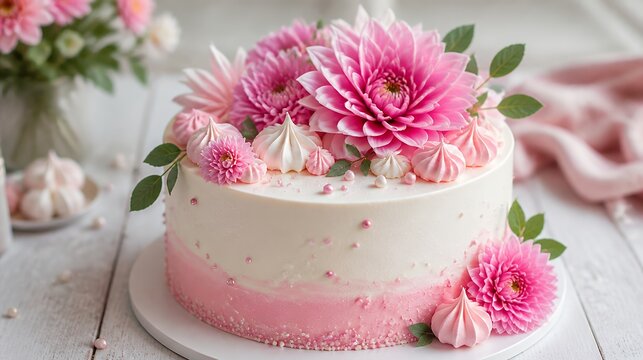 Pink cake, floral cake with white frosting, celebration cake with pink flowers