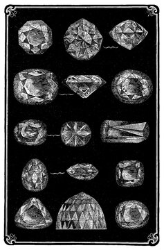 Diamonds with varied faceted cuts, gemstone, old vintage illustration, 1894.