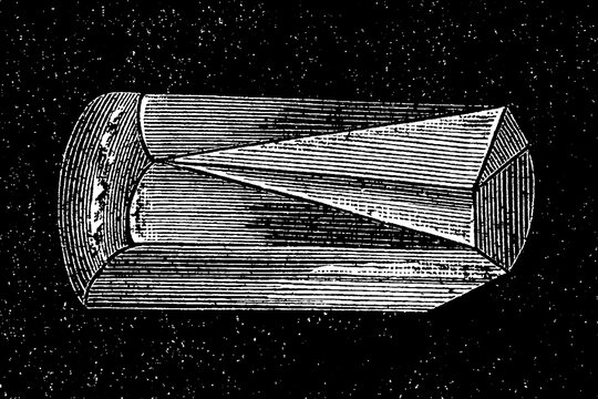 Diamond engraved with linear patterns and starry background, gemstone chart, old vintage illustration, 1894.