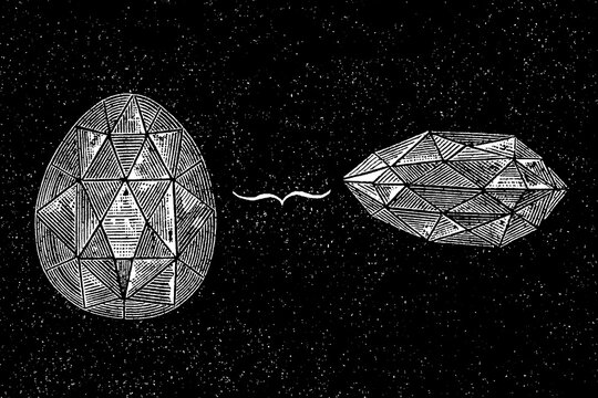 Diamond is shown as two distinct forms, arranged vertically: an upper form with a faceted crown and a lower, more elongated, flat representation, old vintage illustration, 1894.