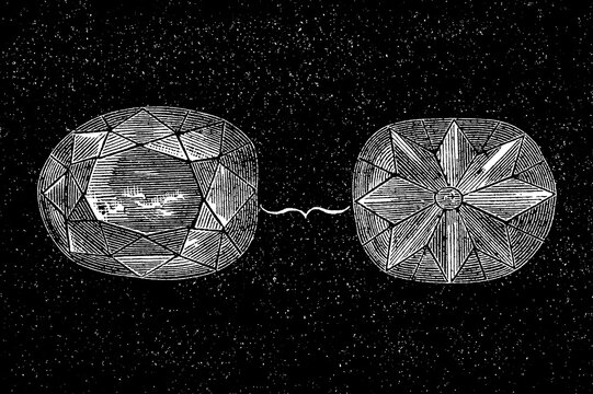 Diamond with geometric crystals and dark starry background, old vintage illustration, 1894.
