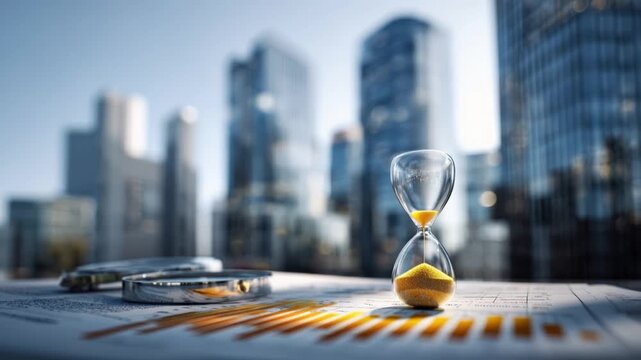 An hourglass sits on a financial report, symbolizing the passage of time and the urgency of business in a modern city skyline. ..Created with Generative AI, not depicting real subjects.