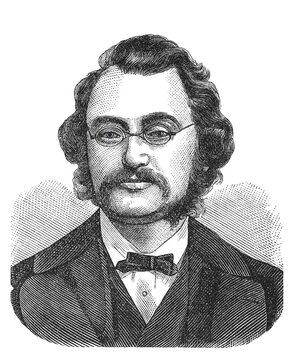 Max Bruch with spectacles and mutton chops, Victorian-era line art, old vintage illustration.