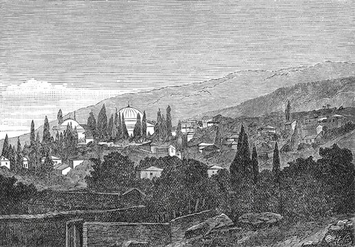 Rooftops of Bursa with domed structures and mountains, old vintage illustration, 1894.