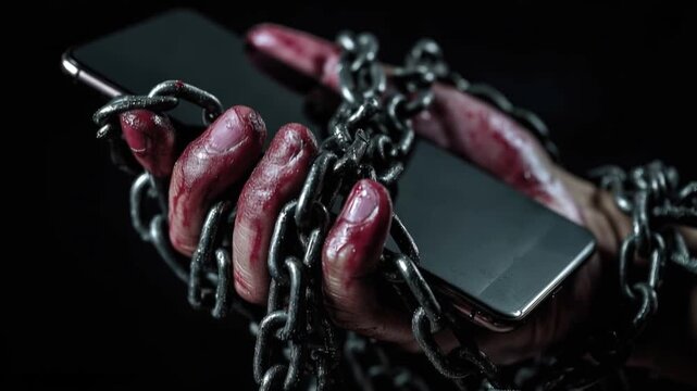 A bloodied hand struggles against a heavy metal chain, its fingers entangled with a smartphone. ..Created with Generative AI, not depicting real subjects.