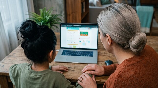 Mother and young daughter learning online on laptop together at home.