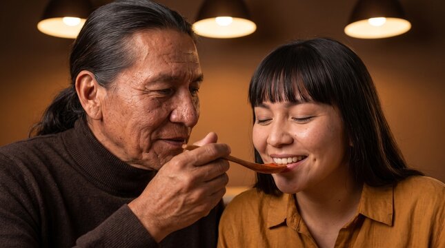 Senior man feeding smiling young woman with wooden spoon at home