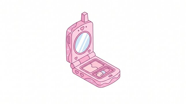 Isometric illustration of a flip-phone shaped makeup compact mirror