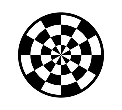 Checkered circle icon. Circle with checkerboard geometric pattern. Optical chess round sign with radiating lines and black and white squares. Vector illustration on white background.