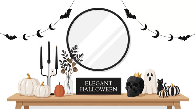 Elegant Halloween interior decor featuring pumpkins skull ghost and bats around circular mirror on wooden table with festive garland