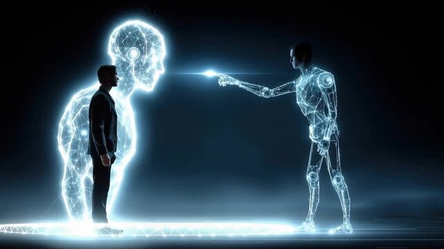A glowing digital entity interfaces with a human silhouette. ..Created with Generative AI, not depicting real subjects.