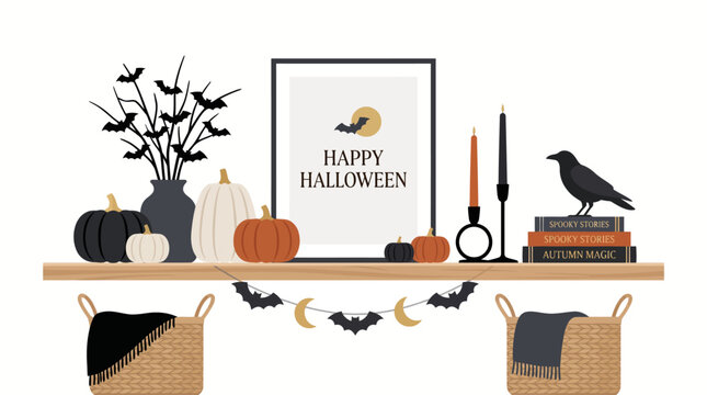 Modern flat vector minimalist Halloween home decor shelf featuring pumpkins raven black candles and festive bat garland on white