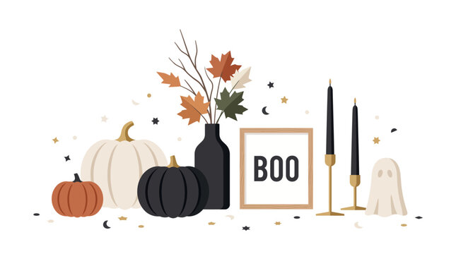 Modern minimalist Halloween home decor aesthetic featuring pumpkins black candles autumn leaves and ghost vector illustration