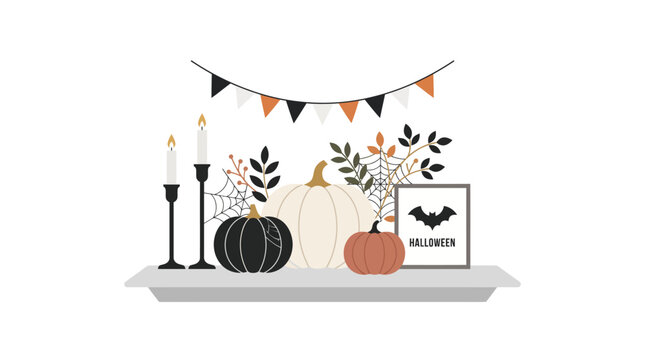 Minimalist Halloween shelf decor featuring monochrome pumpkins candles and bunting on a white background for seasonal interior design