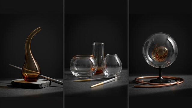Three panels showing amber glass vases, clear glass bowls, and a spherical glass light fixture