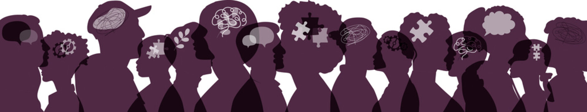 Silhouettes of different people standing together. Horizontal banner with the concept of mental health. People who have different things on their minds.