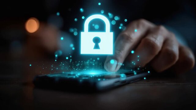 A digital padlock icon glows above a smartphone. ..Created with Generative AI, not depicting real subjects.