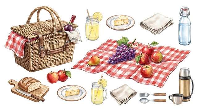Picnic basket with food, fruits, drinks, and accessories isolated on white background