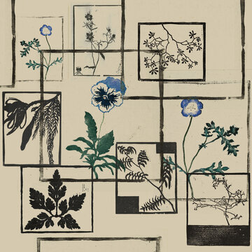 Vintage botanical textile print featuring block-printed wildflowers inside a geometric grid pattern.