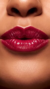 Macro view of shiny red glossy lips and teeth.