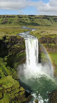 Majestic Waterfall and Rainbow in Icelandic Landscape - An awe-inspiring waterfall cascades down a rocky cliff face in Iceland, creating a mist at its base.
