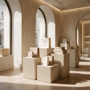 Minimalist Retail Boutique Interior Mockup with Paper Shopping Bags and Boxes on Display Podiums
