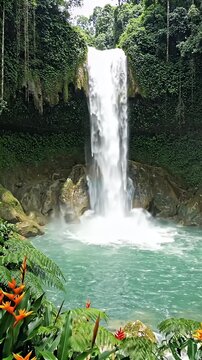 Lush Tropical Waterfall Cascading into Turquoise Pool - A majestic waterfall plunges over a moss-covered rocky cliff into a vibrant turquoise pool below, surrounded by dense green tropical foliage