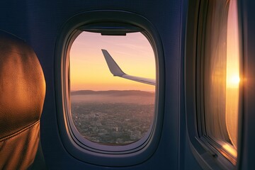 Naklejka premium View from airplane window of wing, city below, and sunrise