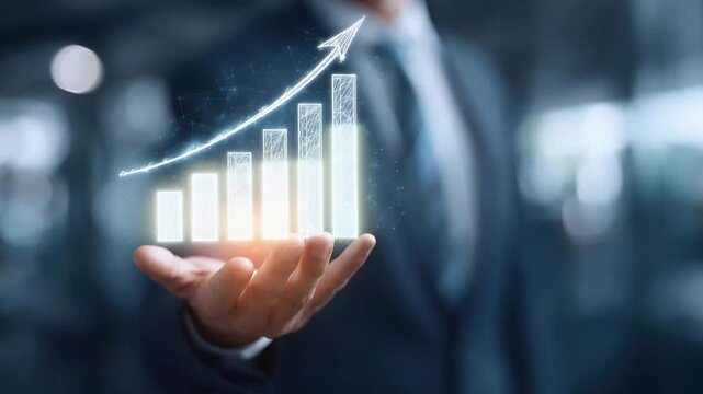 A businessman in a suit holds a glowing bar graph with an upward trending arrow, symbolizing financial growth and investment success. ..Created with Generative AI, not depicting real subjects.