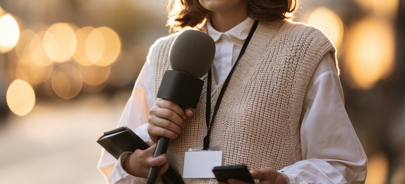 A journalist holds a microphone, phone, and notebook, on a street