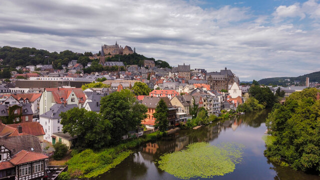 View over Marburg with the Lahn River and Historic Old Town, Hesse, Germany