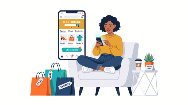 Happy woman using smartphone for mobile online shopping with retail app interface and colorful shopping bags in flat vector illustration style
