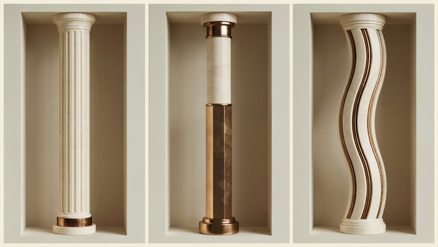Three decorative architectural columns in wall recesses with metallic gold accents