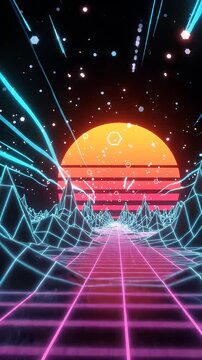 Retro Futuristic Grid Landscape with Sunset and Stars Animation - A vibrant digital landscape featuring a wireframe mountain range receding towards a large, glowing sunset.