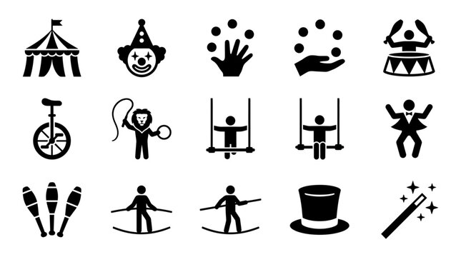 Circus and carnival entertainment black vector icon set.