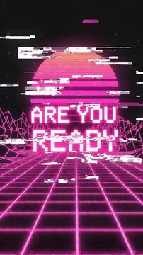 Retro Neon Pink Pixel Art "Are You Ready" Text on Screen - This digital art features a vibrant retro-futuristic landscape with a glowing neon pink grid stretching into the distance.