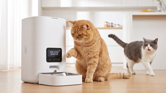 Ginger cat interacting with an automatic pet feeder in a bright room  